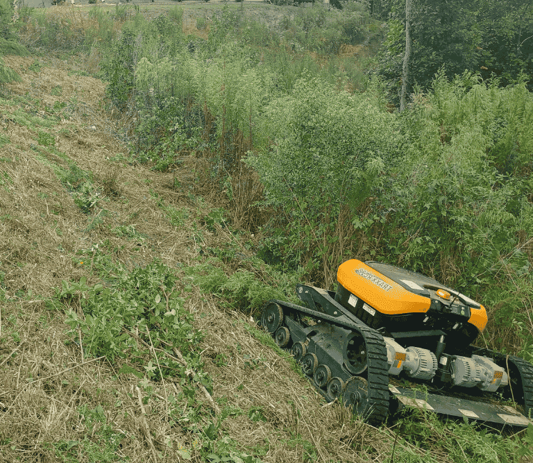 Remote controlled slope mower cutting overgrown brush and weeds on steep terrain in Greenville SC