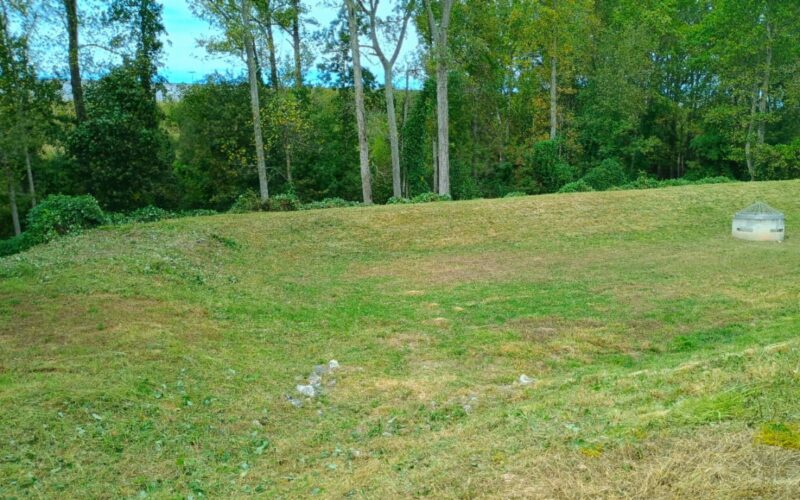Retention pond after mowing in Duncan SC with clean slopes and maintained grass