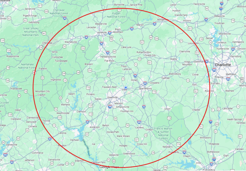Service area map showing coverage within 50 miles of Greer SC including Greenville Spartanburg and surrounding areas