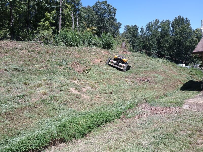 Residential embankment after slope mowing with remote-controlled mower in Easley South Carolina