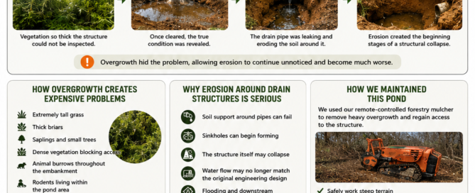 Infographic explaining what happens when retention ponds are not maintained, including erosion, leaking pipes, sinkholes, overgrowth, and costly structural damage.